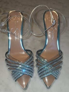 Jessica Simpson Silver Crystal-Strap Clear Ankle Heels